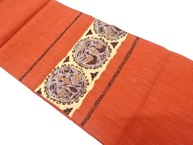 アンティーク　横段に向かい鳥・花更紗模様織り出し名古屋帯（着用可）